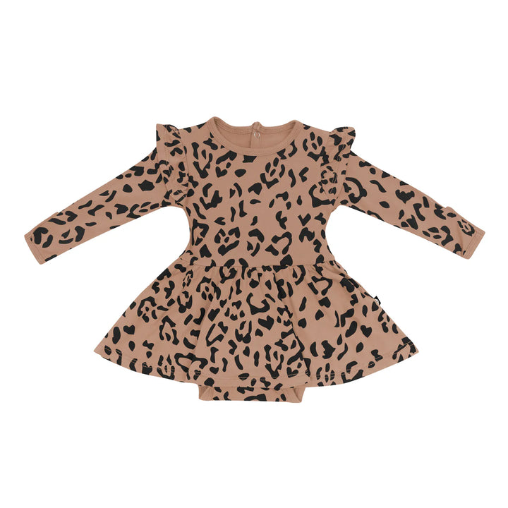 Kyte Baby Long Sleeve Twirl Bodysuit Dress - Latte Leopard