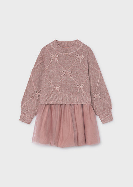 Mayoral Knit Dress with Bows - Heathered Quartz