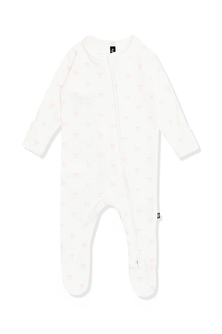 Kyte Baby Pointelle Zippered Footie with Picot Trim - Sweet Pink Bow