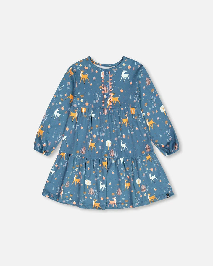 Deux Par Deux Half Button Long Sleeve Dress - Apples &amp; Deers