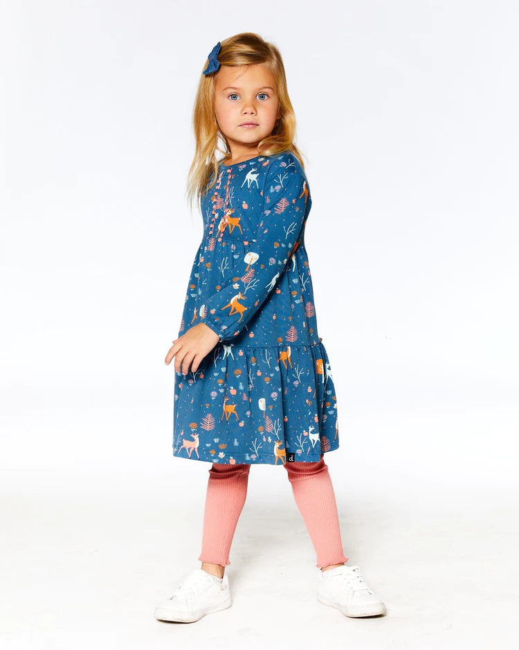 Deux Par Deux Half Button Long Sleeve Dress - Apples &amp; Deers