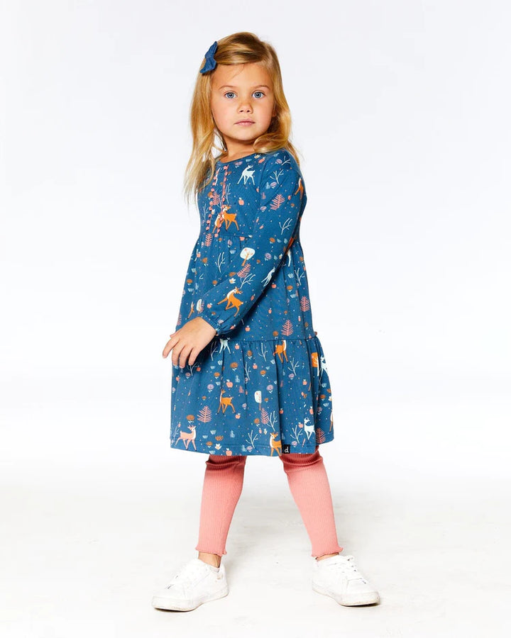 Deux Par Deux Half Button Long Sleeve Dress - Apples &amp; Deers