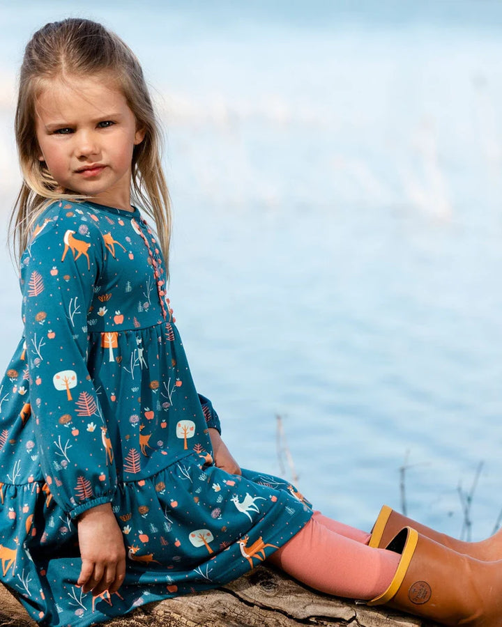 Deux Par Deux Half Button Long Sleeve Dress - Apples &amp; Deers