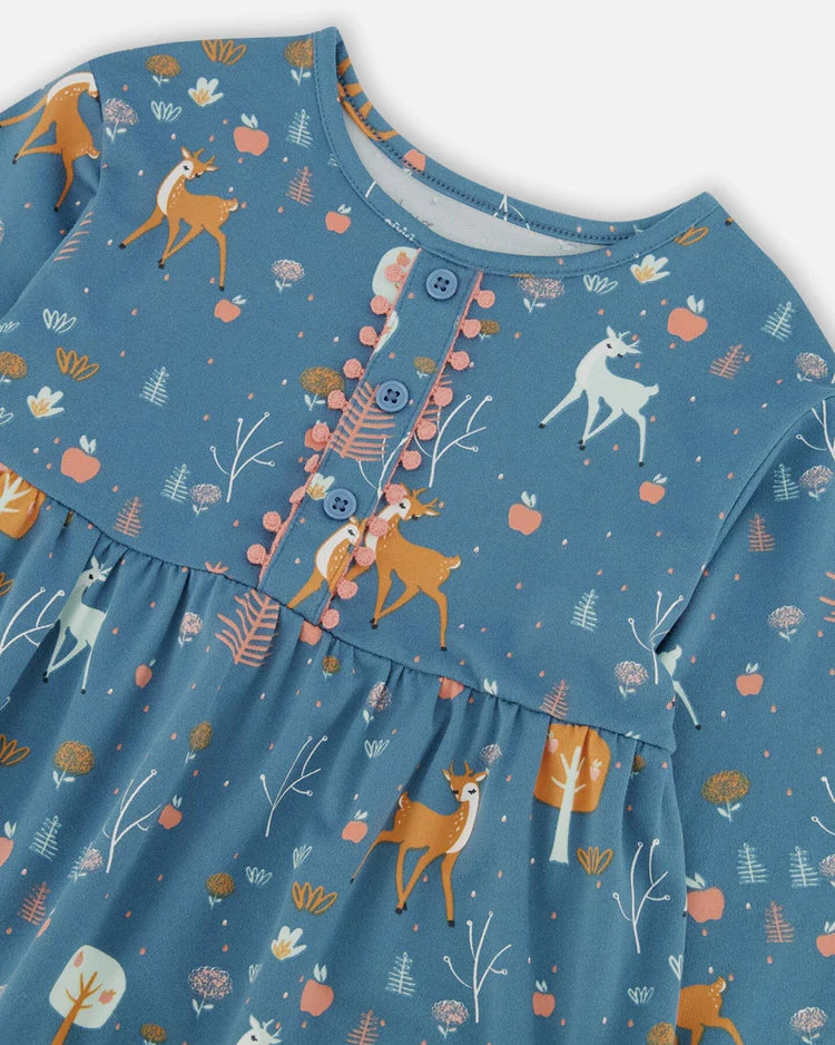 Deux Par Deux Half Button Long Sleeve Dress - Apples &amp; Deers