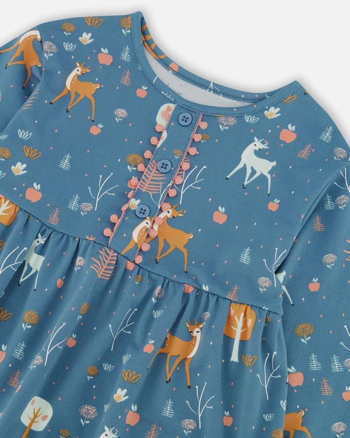 Deux Par Deux Half Button Long Sleeve Dress - Apples &amp; Deers