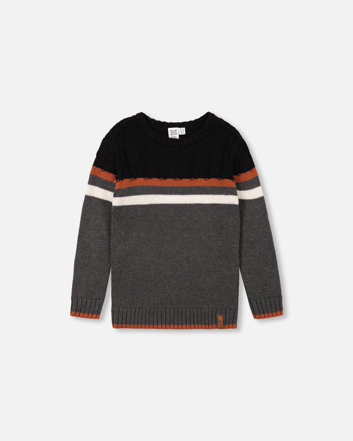 Deux Par Deux Color Block Cable Sweater Grey