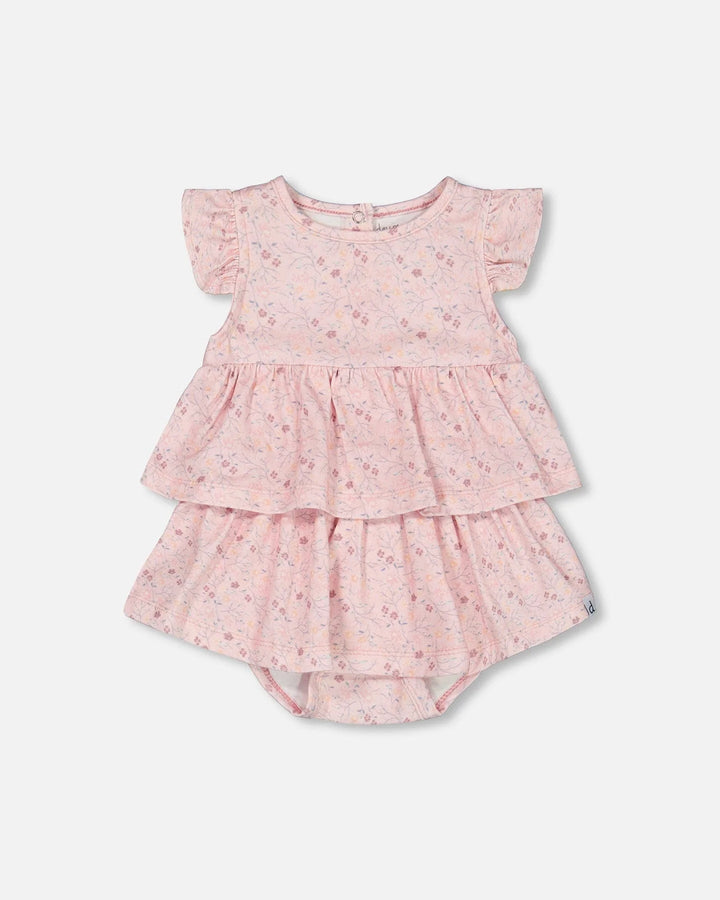 Deux Par Deux Organic Cotton Printed Bodysuit Dress  - Pink Little Flower