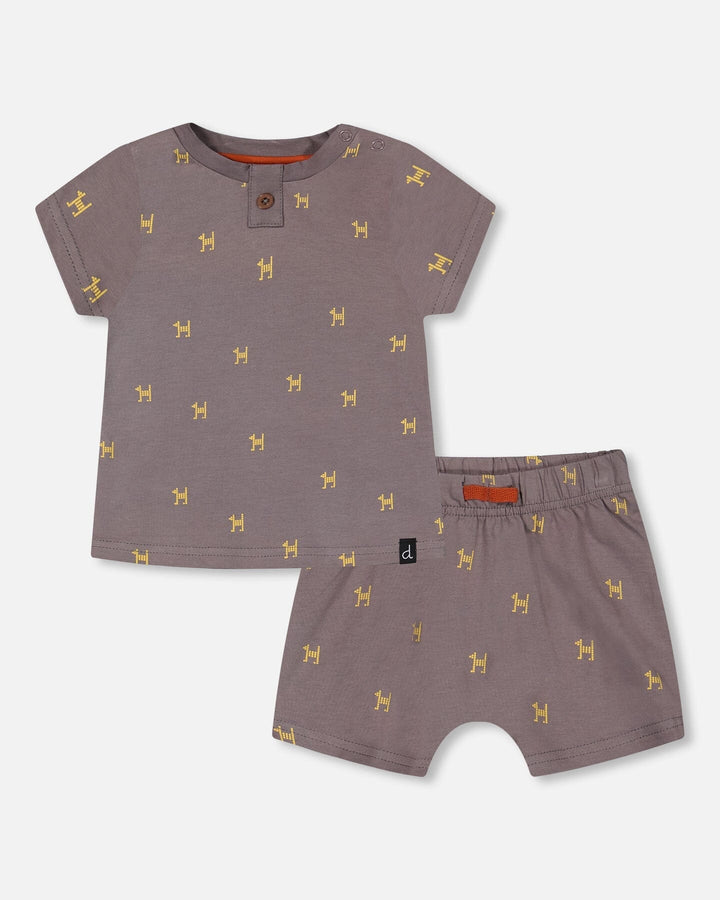 Deux Par Deux Organic Cotton Top &amp; Short Set - Dark Grey With Printed Pixel Dog