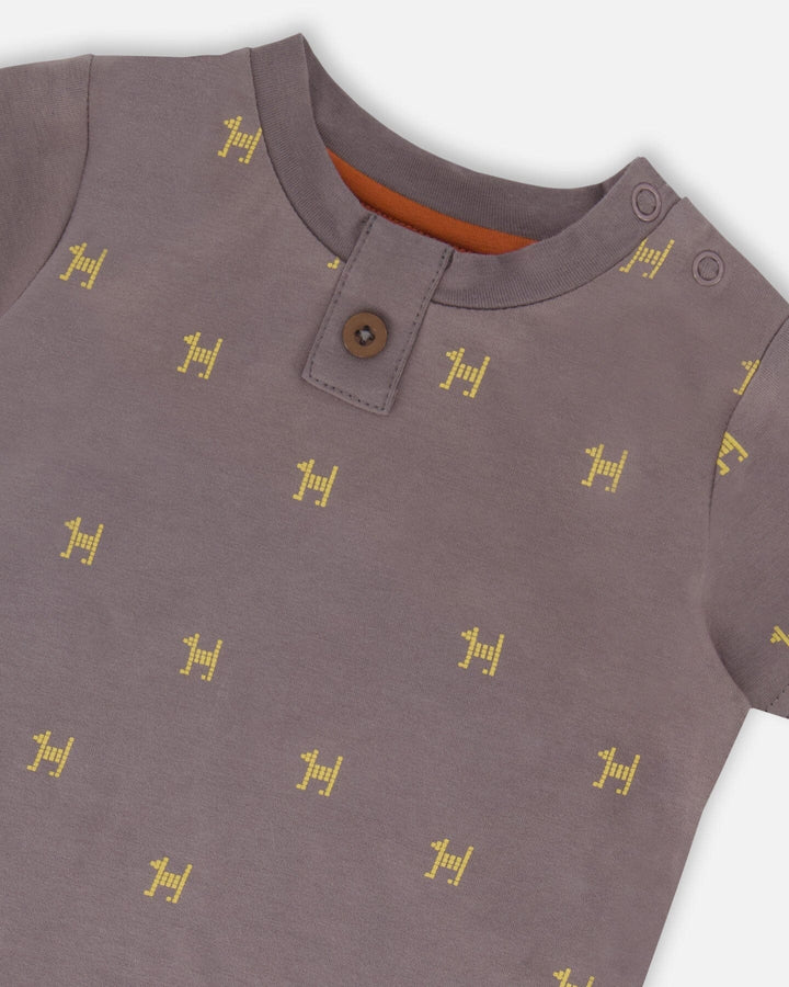 Deux Par Deux Organic Cotton Top &amp; Short Set - Dark Grey With Printed Pixel Dog