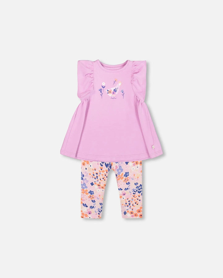 Deux Par Deux Organic Cotton Long Top And Capri Legging Set - Printed Field Flowers