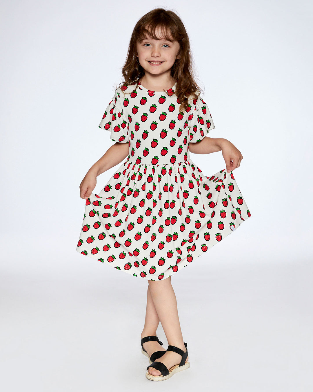 Deux Par Deux Printed Organic Jersey Dress + Flounce Sleeves - Pop Strawberry