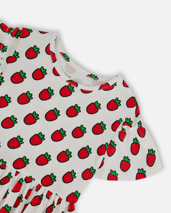 Deux Par Deux Printed Organic Jersey Dress + Flounce Sleeves - Pop Strawberry