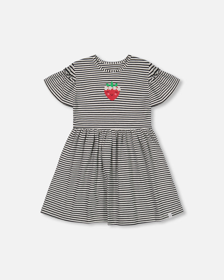 Deux Par Deux Printed Organic Jersey Dress + Flounce Sleeve - Black and White Stripe