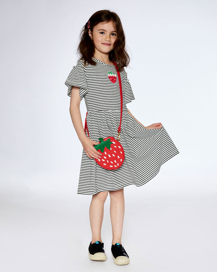 Deux Par Deux Printed Organic Jersey Dress + Flounce Sleeve - Black and White Stripe