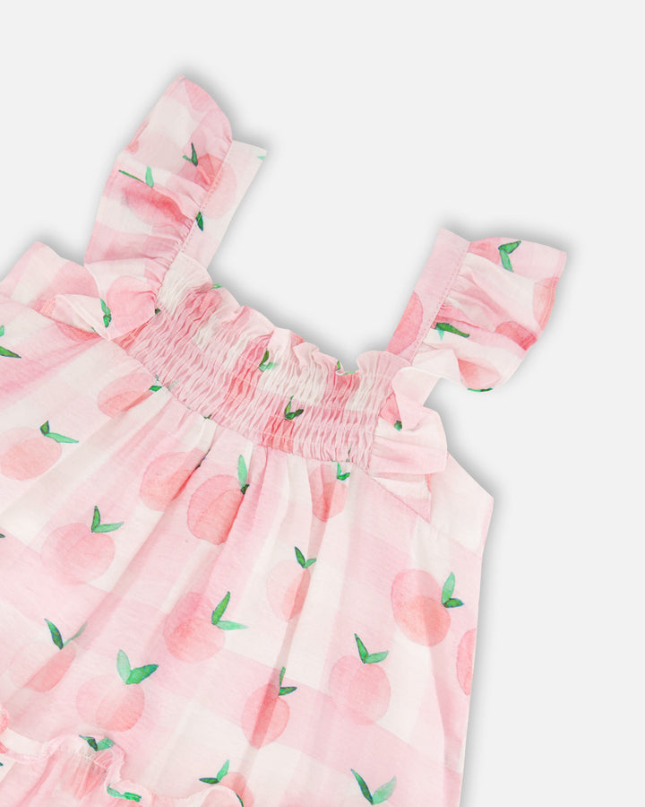 Deux Par Deux Printed Sleeveless Veil Dress Vichy and Fruits - Peach