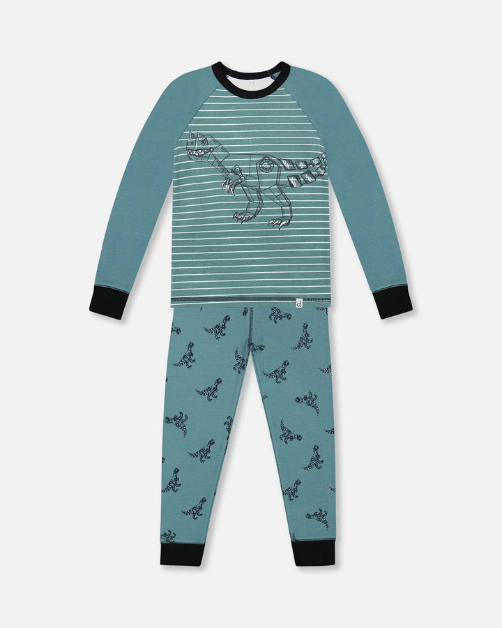 Deux Par Deux Organic Cotton Long Sleeve Two Piece Pajama Set - Printed Mechanical Dinosaur