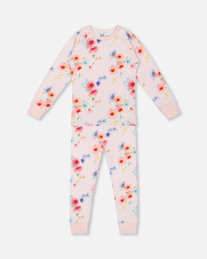 Deux Par Deux Organic Cotton Long Sleeve Two Piece Pajama Set - Printed Bouquet of Flowers