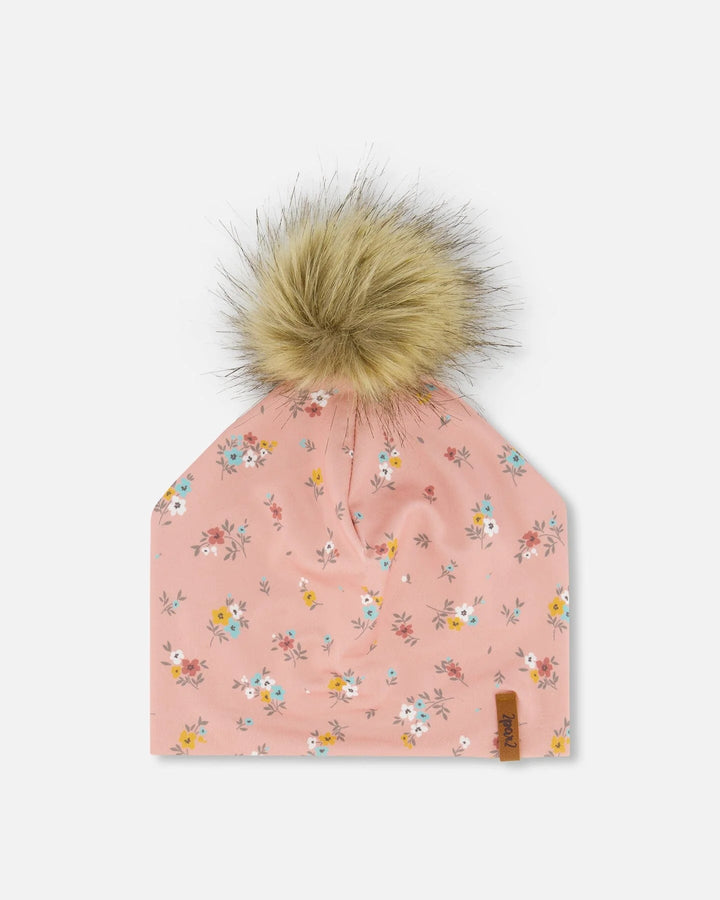 Deux Par Deux Detachable Pompom Hat - Pink Little Flowers