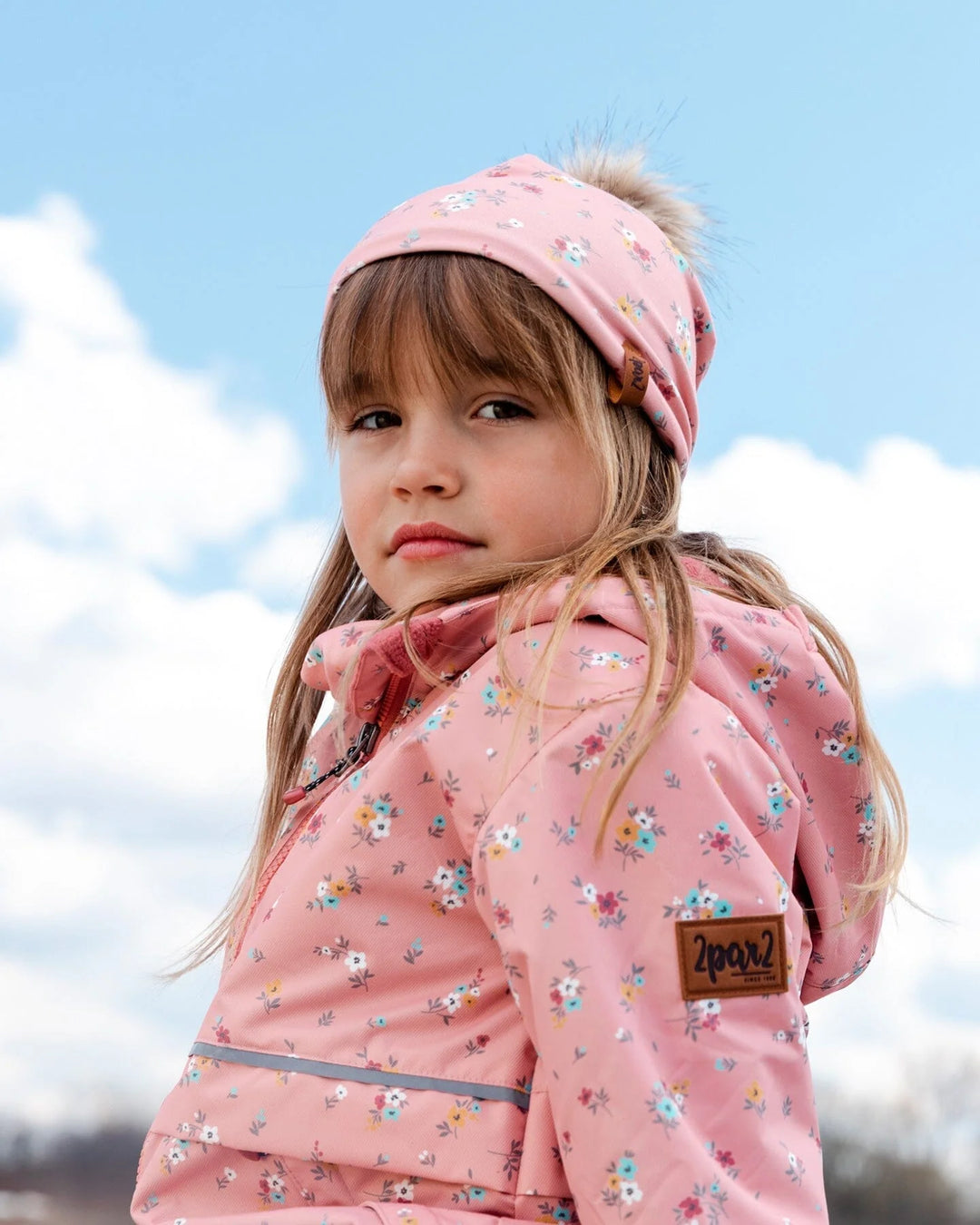 Deux Par Deux Detachable Pompom Hat - Pink Little Flowers