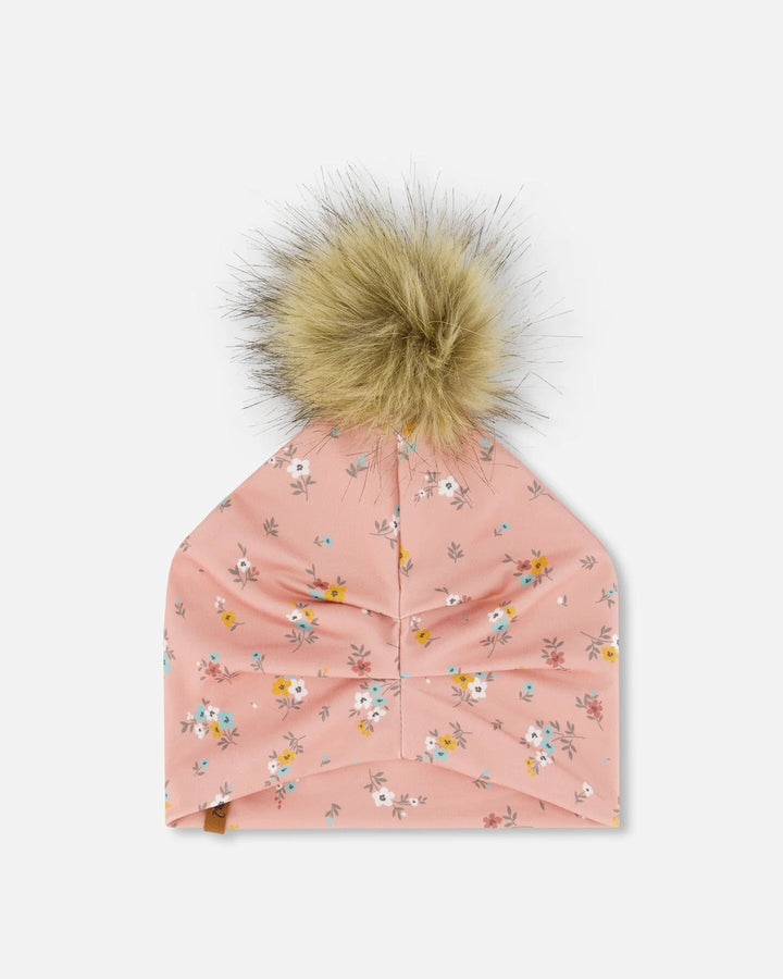 Deux Par Deux Detachable Pompom Hat - Pink Little Flowers