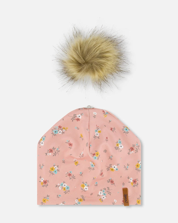 Deux Par Deux Detachable Pompom Hat - Pink Little Flowers