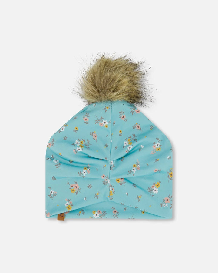 Deux Par Deux Detachable Pompom Hat - Blue Little Flowers