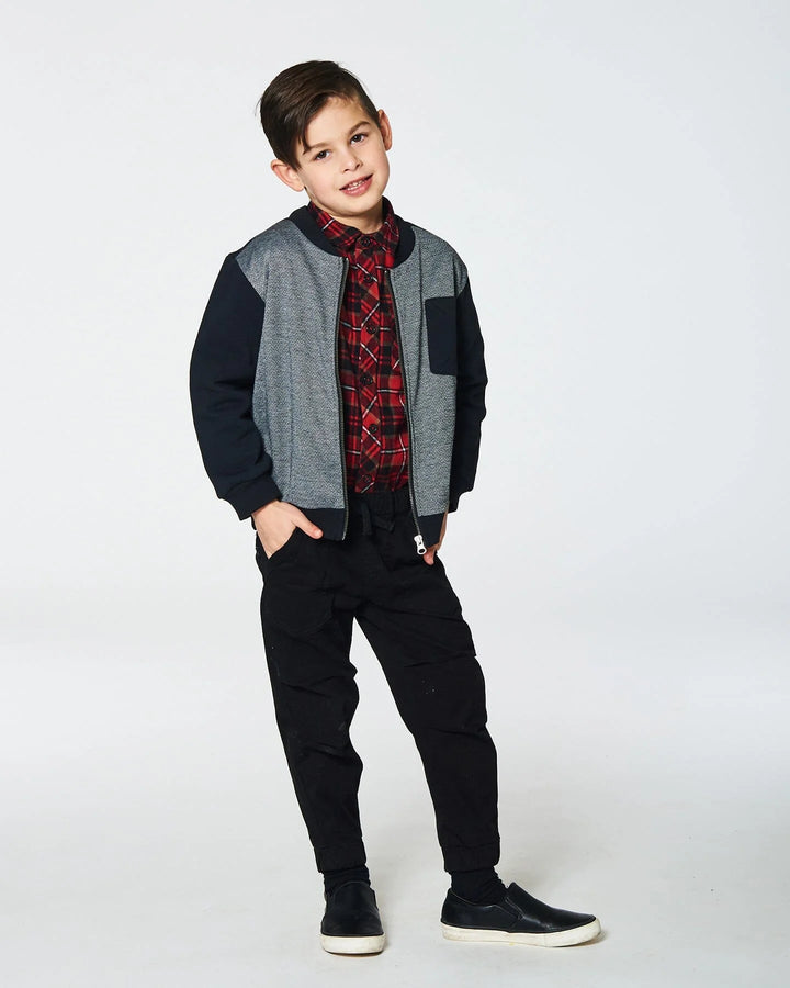 Deux Par Deux Fleece Sweater - Black and Gray Herringbone