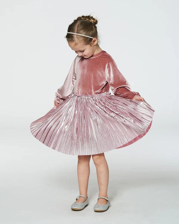 Deux Par Deux Bi Material Long Sleeve Dress -Silver Pink