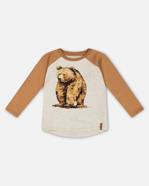 Deux Par Deux Raglan T-Shirt - oatmeal Brown and Beige Bear