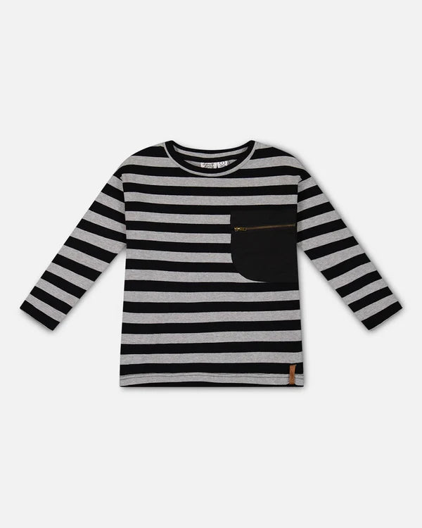 Deux Par Deux Striped Rib Tee - Black and Gray