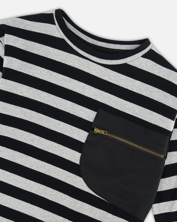 Deux Par Deux Striped Rib Tee - Black and Gray