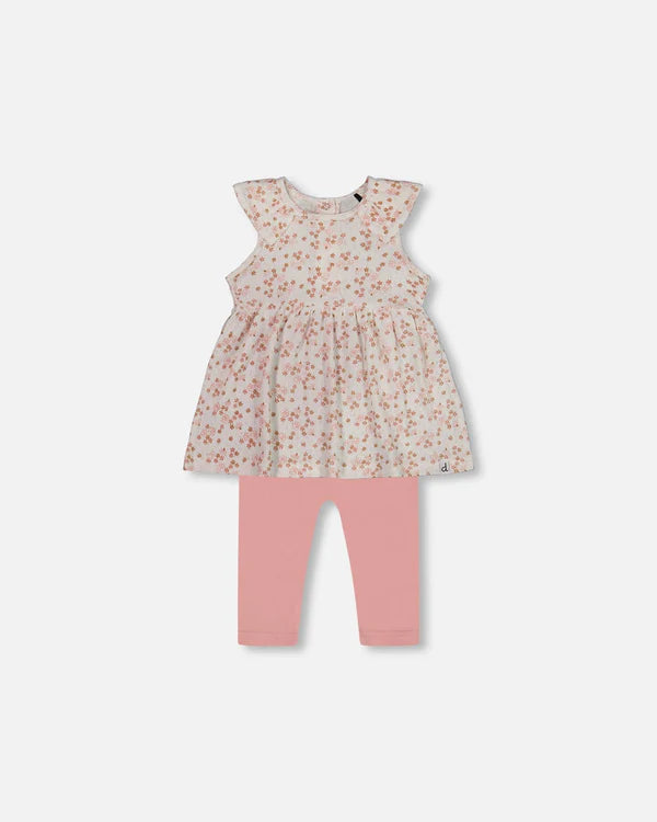 Deux Par Deux Jersey Pointelle Tunic and Leggings - Printed Pink Ditsy Floral