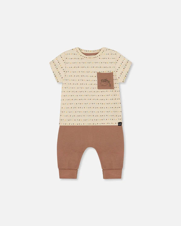 Deux Par Deux Jersey Top &amp; Pant Set - Brown, Beige, And Monkey