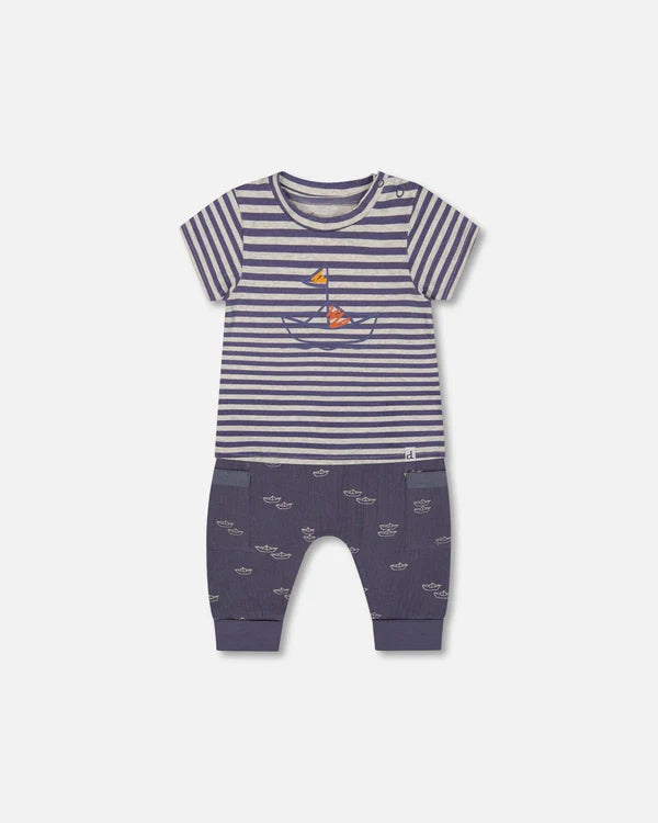 Deux Par Deux Jersey Top &amp; Muslin Pant Set - Printed Blue Stripe Navy