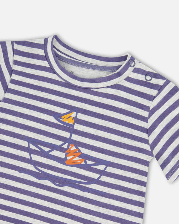 Deux Par Deux Jersey Top &amp; Muslin Pant Set - Printed Blue Stripe Navy