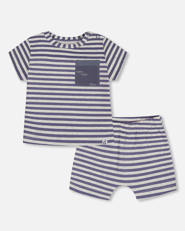 Deux Par Deux Short Sleeve Top &amp; Short Set - Blue Stripes