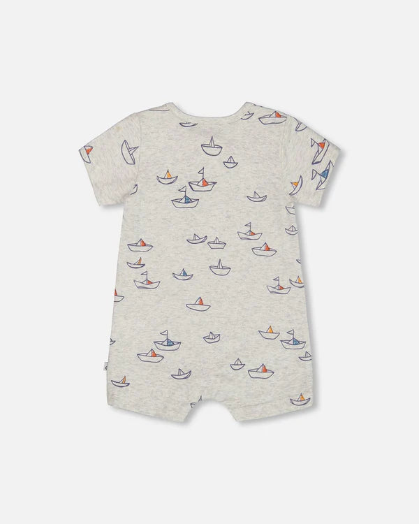 Deux Par Deux Jersey Romper - Printed Blue Sailboats