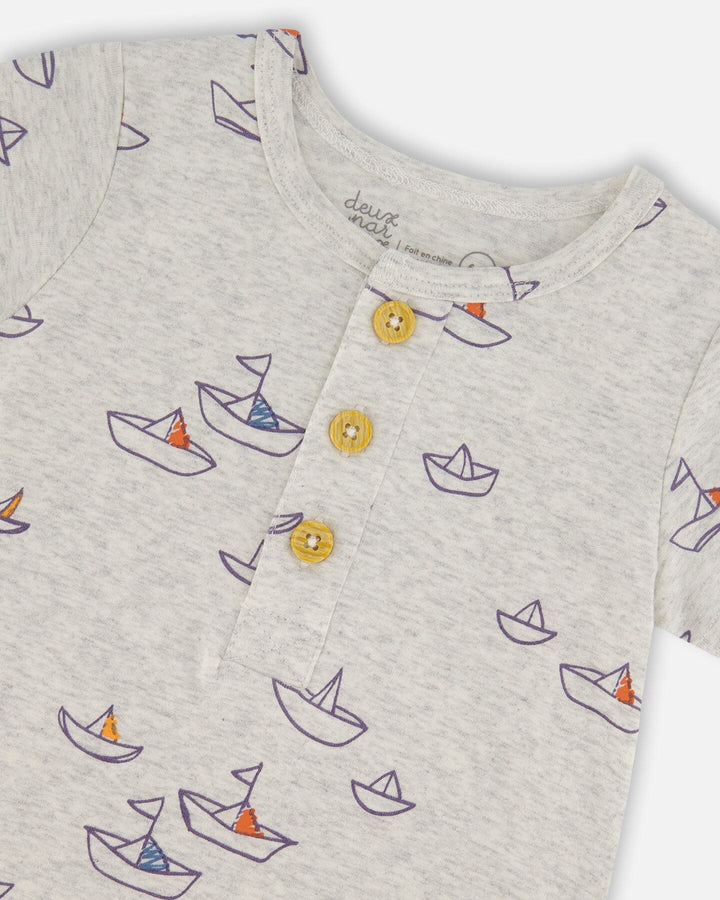 Deux Par Deux Jersey Romper - Printed Blue Sailboats