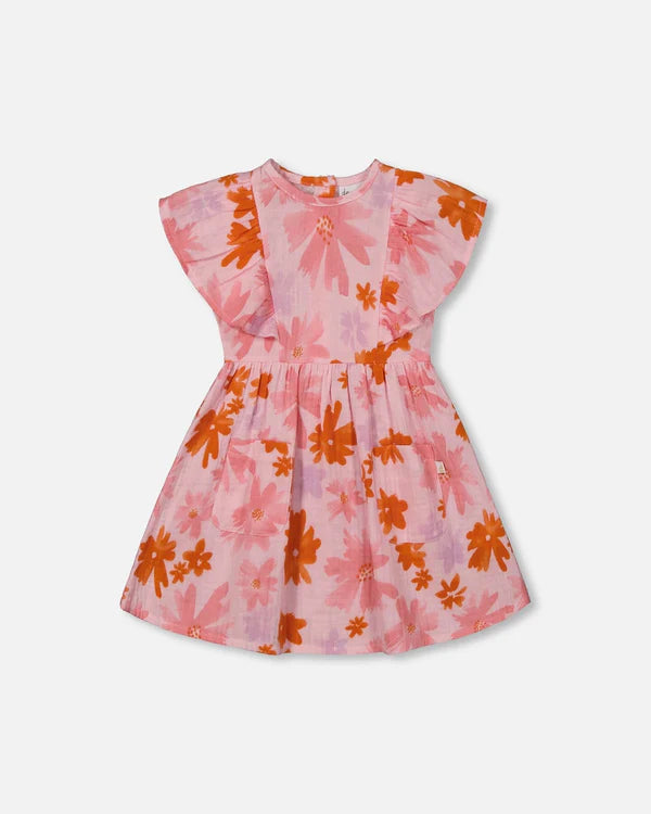 Deux Par Deux Printed Watercolor Muslin Dress - Pink And Coral Flowers