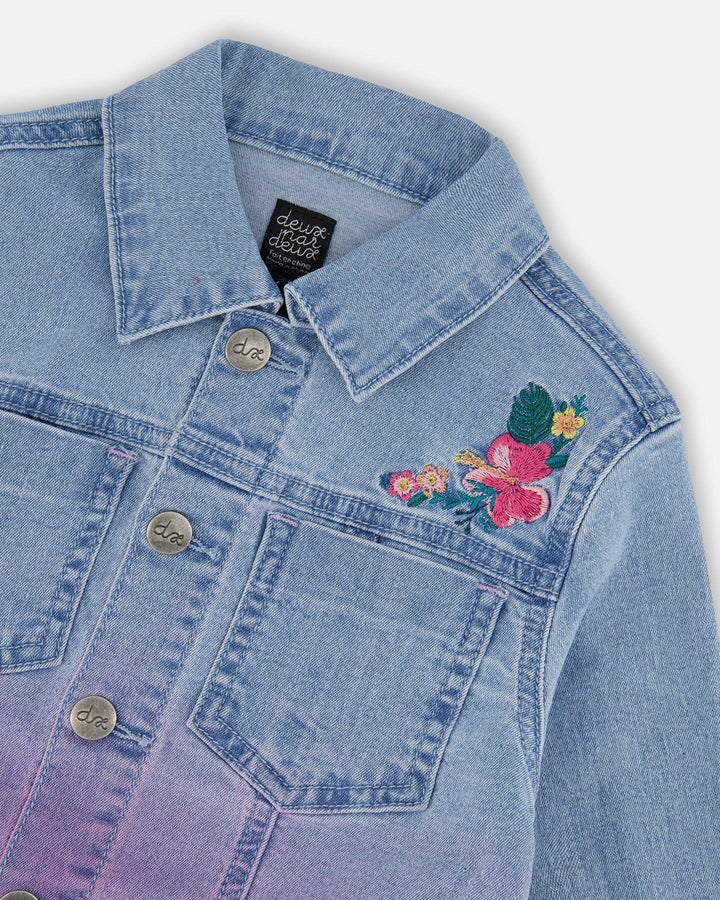 Deux Par Deux Jean Denim Jacket With Embroidery - Floral Light Blue Denim