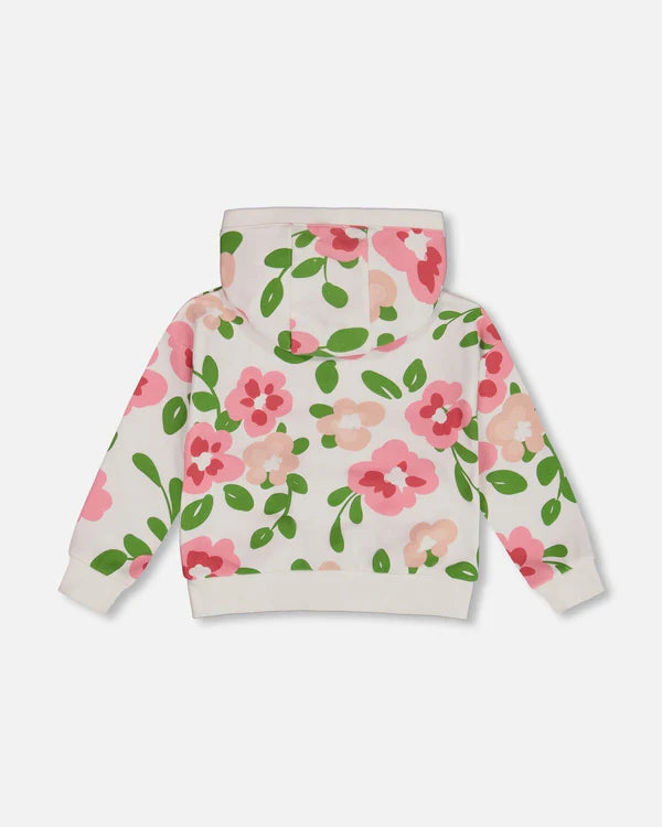 Deux Par Deux Printed French Terry Hoodie Cardigan - Pink Flowers On White Background