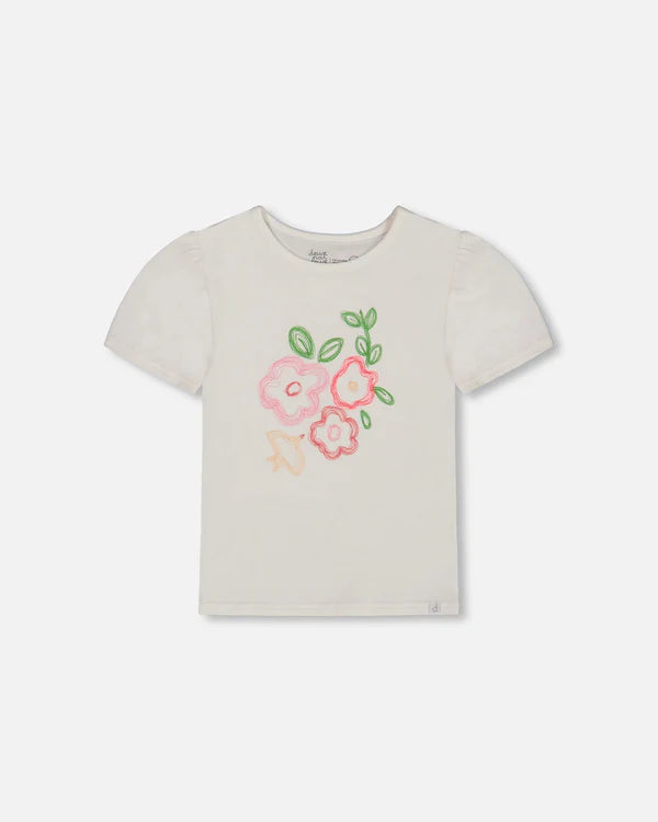Deux Par Deux Organic Cotton Tee With Puff Sleeve - Pink Flower On White Background