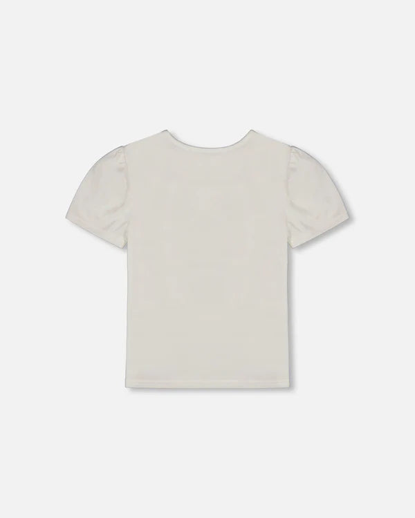 Deux Par Deux Organic Cotton Tee With Puff Sleeve - Pink Flower On White Background