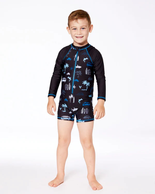 Deux Par Deux Long Sleeve Toddler Rashgaurd - Light Blue Beach