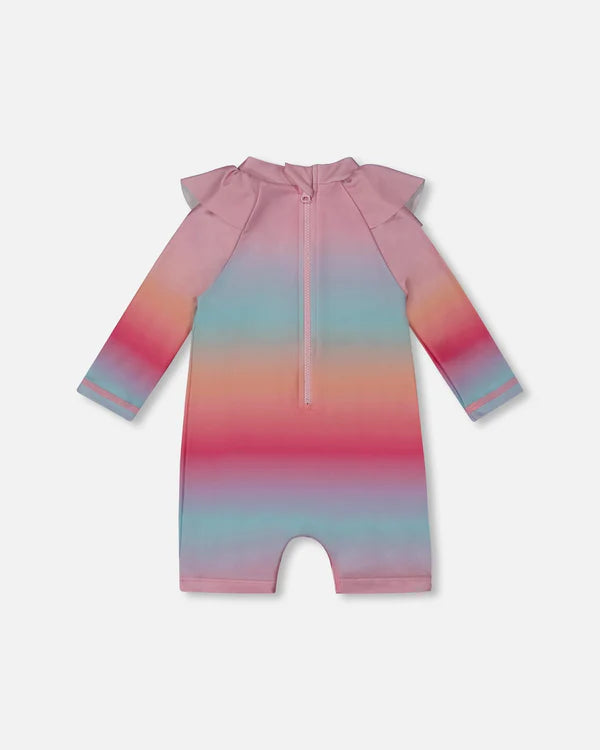 Deux Par Deux Long Sleeve One-Piece Rashgaurd - Pink Blue Orange Gradient