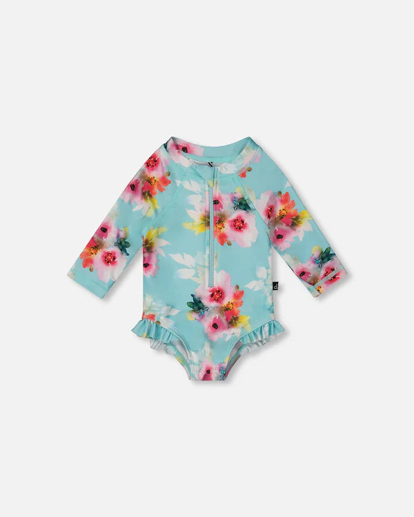Deux Par Deux Long Sleeve One-Piece Rashgaurd With Frills - Watercolor Flower
