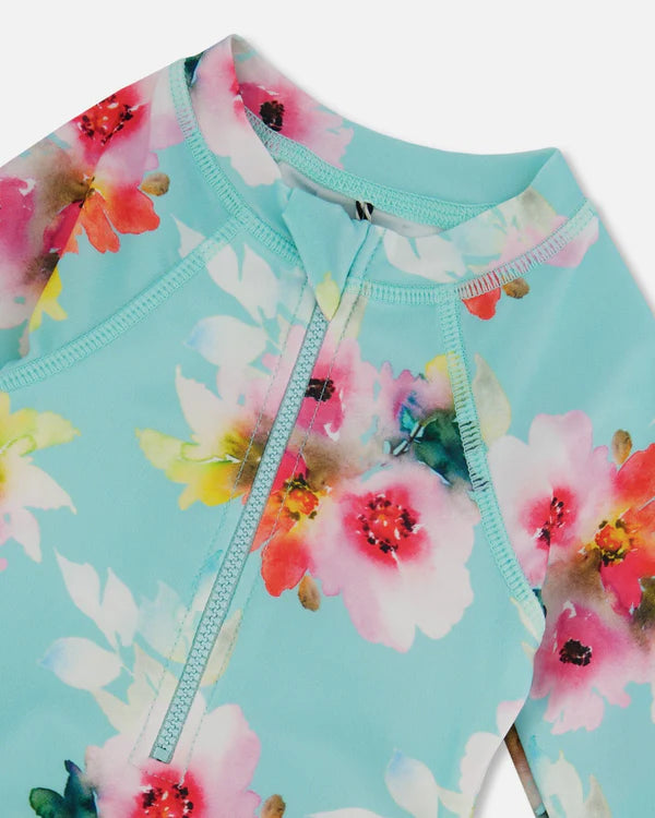 Deux Par Deux Long Sleeve One-Piece Rashgaurd With Frills - Watercolor Flower