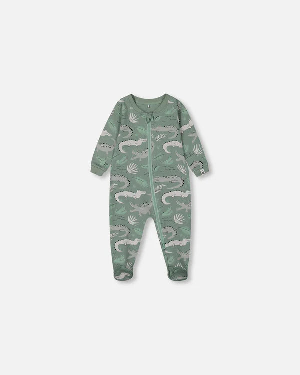 Deux Par Deux Organic Cotton One Piece Pajama - Printed Green Crocodiles