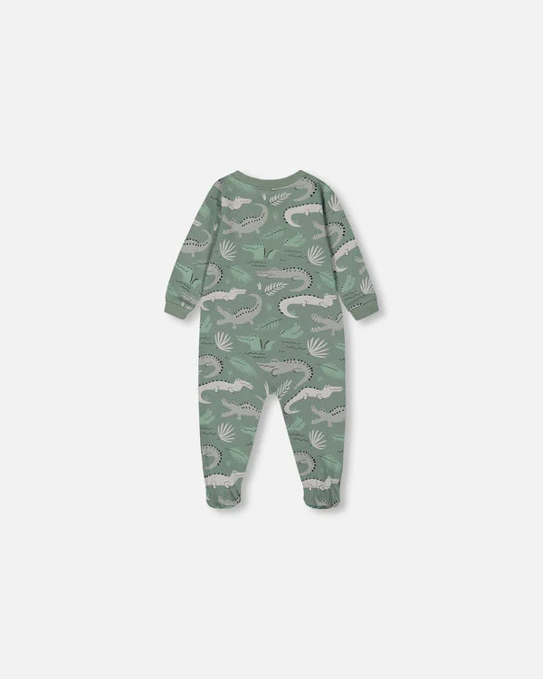 Deux Par Deux Organic Cotton One Piece Pajama - Printed Green Crocodiles
