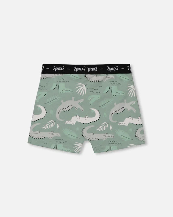Deux Par Deux Organic Cotton Boxer Shorts - Light Sage And Gray Crocodile